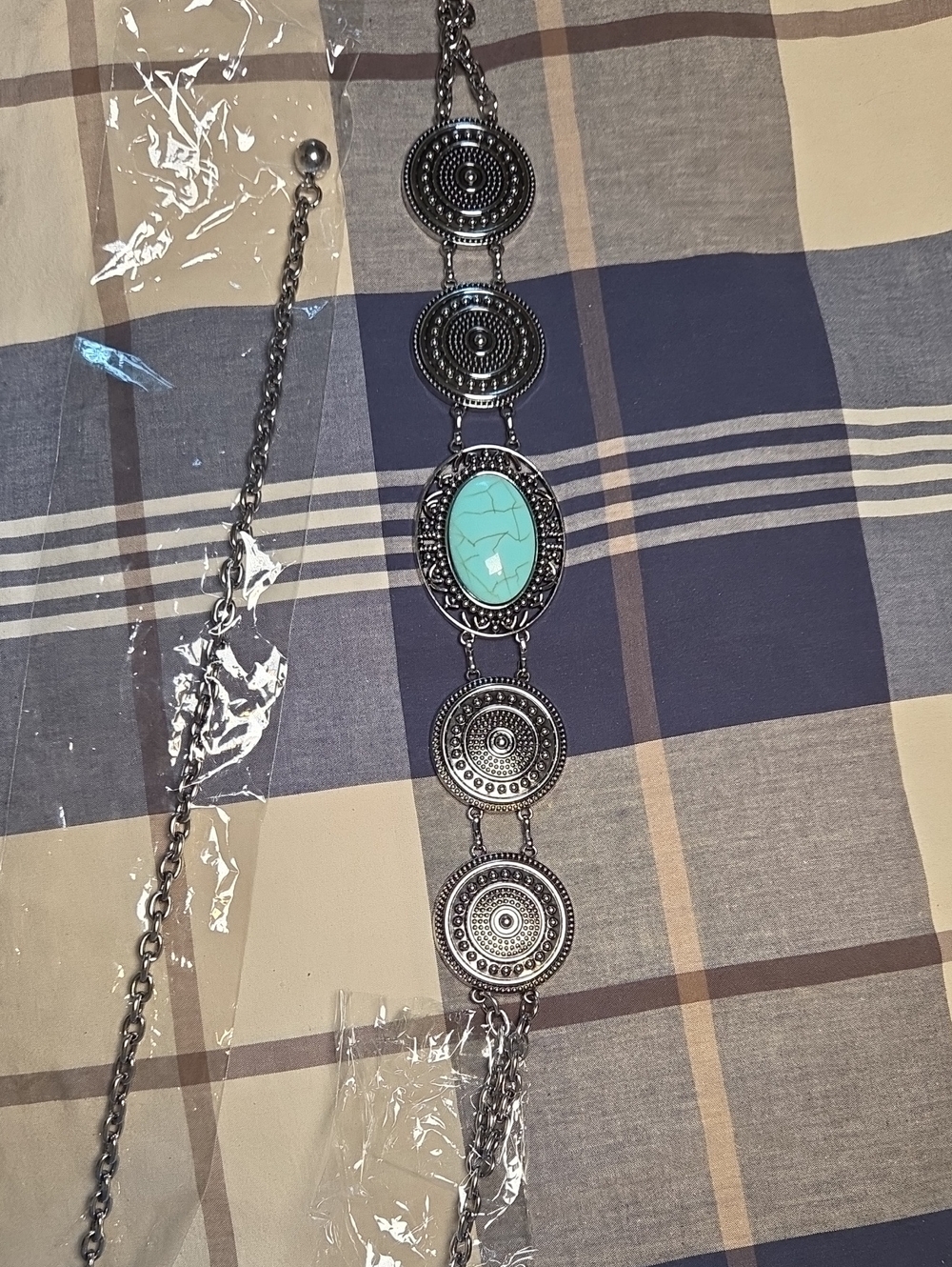 Silver-tone Statement Belt with Turquoise Oval Accent - Picture 1 of 4